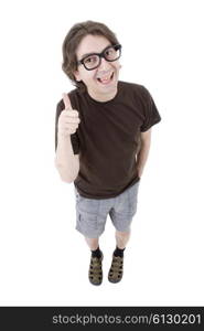 young happy casual man, full body, going thumb up, isolated