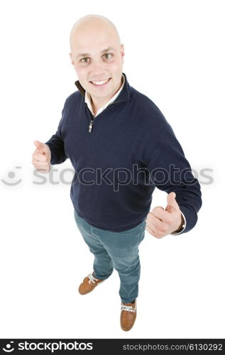 young happy casual man, full body, going thumb up, isolated