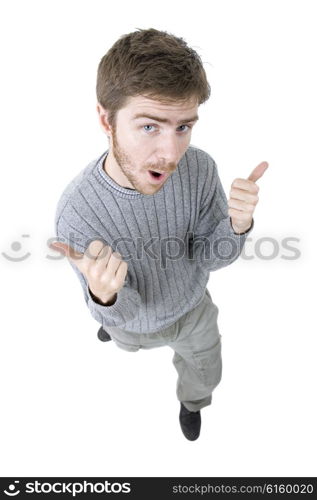 young happy casual man, full body, going thumb up, isolated