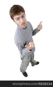 young happy casual man, full body, going thumbs up, isolated