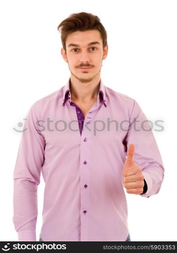 young happy casual man going thumb up, isolated on white