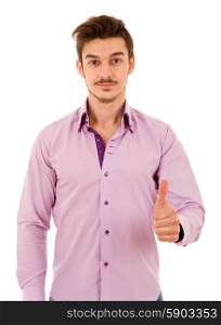 young happy casual man going thumb up, isolated on white