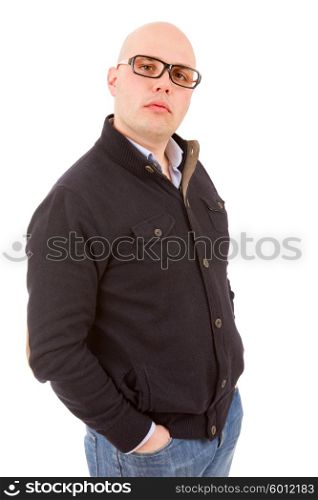 young happy casual man thinking, isolated on white