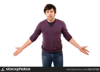 young happy casual man waiting, isolated on white
