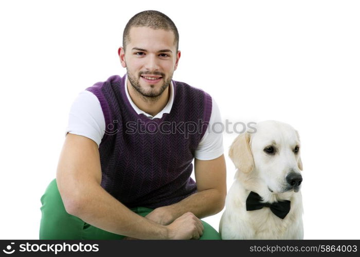 young happy casual man with a dog, studio