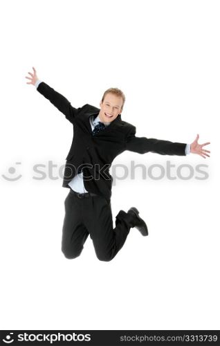 Young happy caucasian businessman jumping in the air , isolated on white background