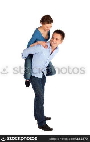 Young happy couple having fun isolated on white