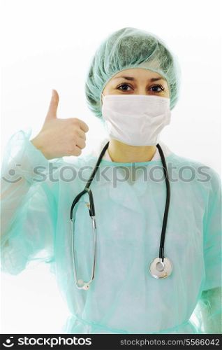 young happy doctor nurse woman with stethoscope isolated on white