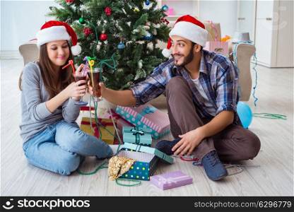 Young happy family celebrating christmas