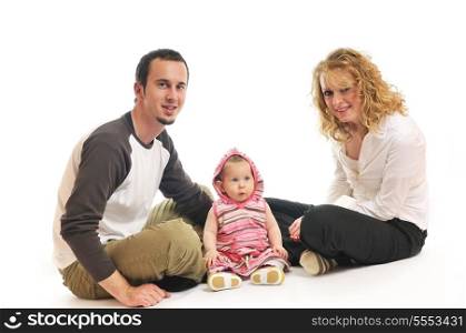 young happy family with beautiful baby isolated on white