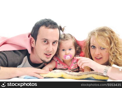 young happy family with beautiful baby playing and smile isolated on white