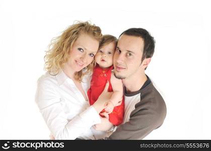 young happy family with beautiful baby playing and smile isolated on white