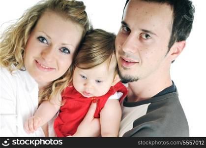 young happy family with beautiful baby playing and smile isolated on white
