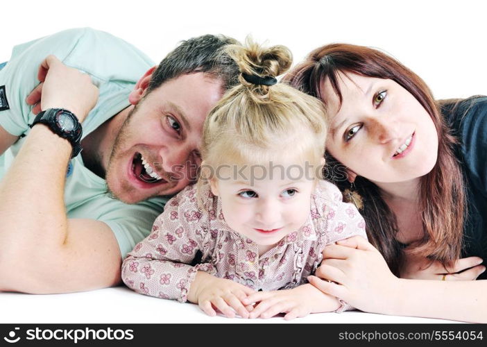 young happy family with beautiful baby playing and smile isolated on white in studio