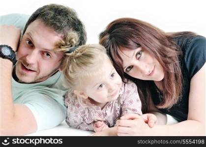 young happy family with beautiful baby playing and smile isolated on white in studio