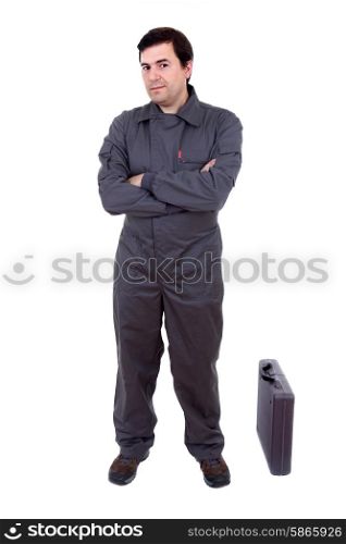 young happy handyman isolated on white background
