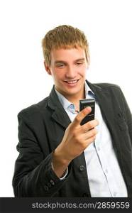 Young happy man holding mobile phone