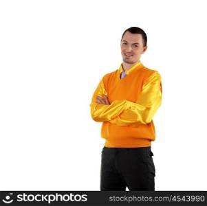 young happy man in bright colour wear with funny expression