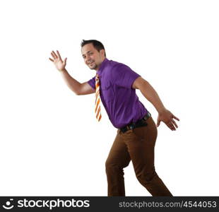 young happy man in bright colour wear with funny expression