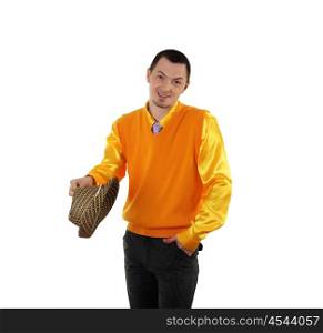 young happy man in bright colour wear with funny expression