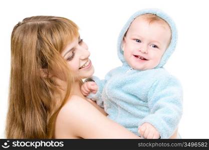 young happy mother with her baby, isolated on white
