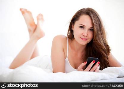 Young happy smile woman send message