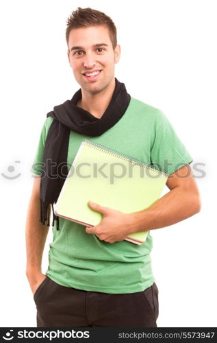 Young happy student posing isolated over white background