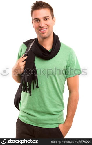 Young happy student posing isolated over white background