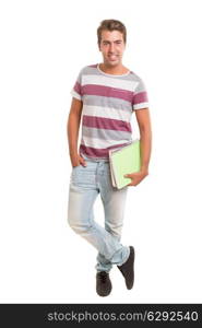 Young happy student posing isolated over white background