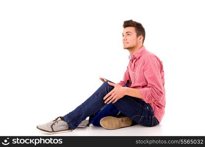 Young happy student working with a new digital tablet computer, isolated