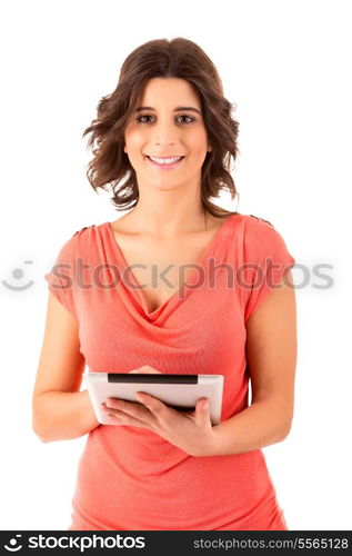 Young happy student working with a new digital tablet computer, isolated