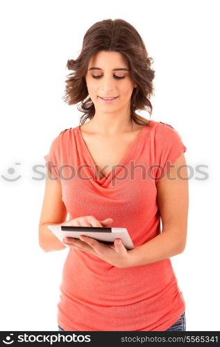 Young happy student working with a new digital tablet computer, isolated