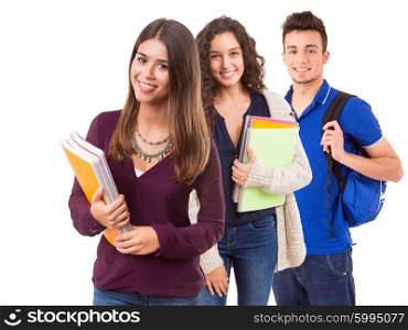 Young happy students posing over white background