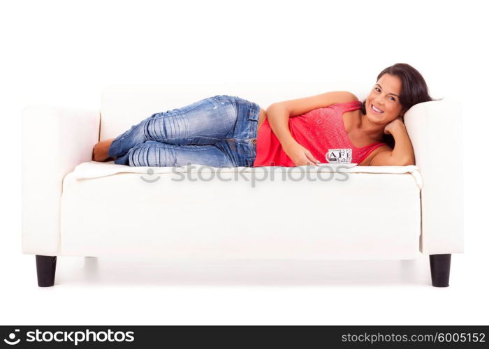 Young happy woman at house, taking a moment to relax