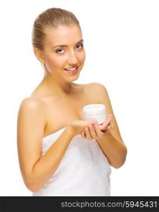Young happy woman holding jar with body cream isolated