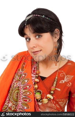 young happy woman in a hindu dress, isolated on white
