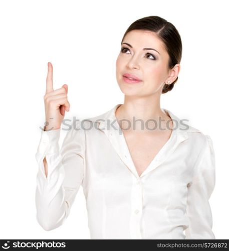 Young happy woman with good idea sign in white shirt - isolated on white background.