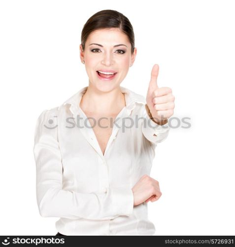 Young happy woman with thumbs up sign in white office shirt - isolated on white background.