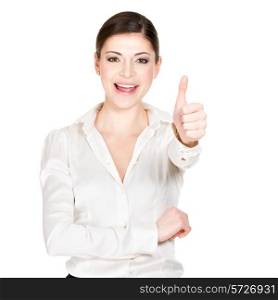 Young happy woman with thumbs up sign in white office shirt - isolated on white background.