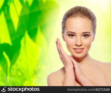 Young healthy girl on spring floral background