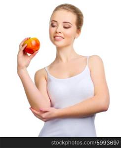 Young healthy girl with apple isolated