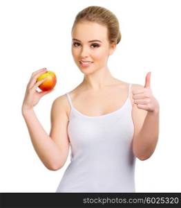 Young healthy girl with apple isolated on white