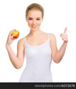 Young healthy girl with apple isolated on white
