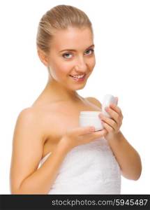 Young healthy girl with body cream isolated