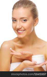 Young healthy girl with body cream isolated