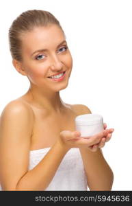 Young healthy girl with body cream jar isolated