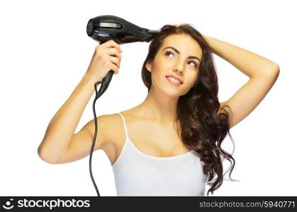 Young healthy girl with hair dryer isolated