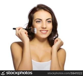 Young healthy girl with makeup brush isolated