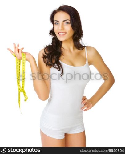 Young healthy girl with measurement tape isolated