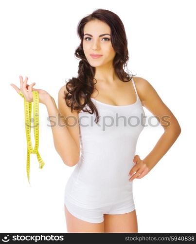 Young healthy girl with measurement tape isolated